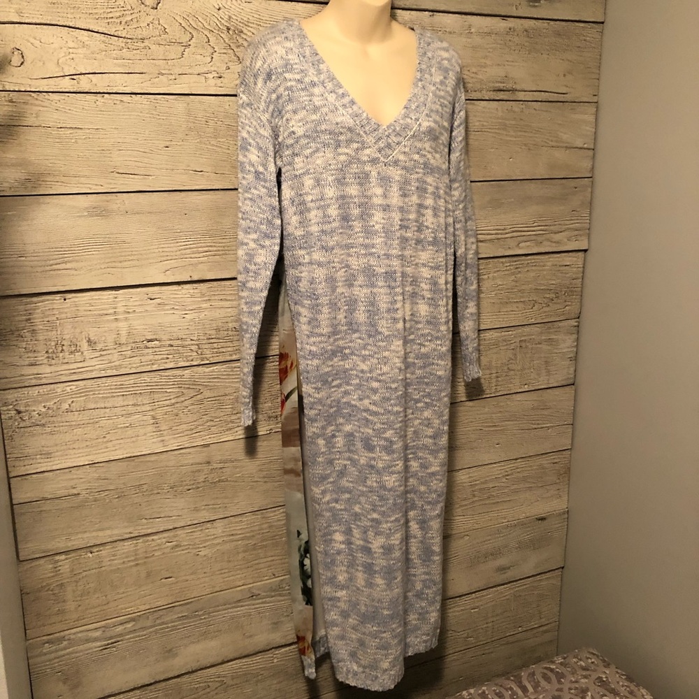 Aratta Silent Journey Sweater Long Tunic Maxi Blue Floral V-Neck Size S